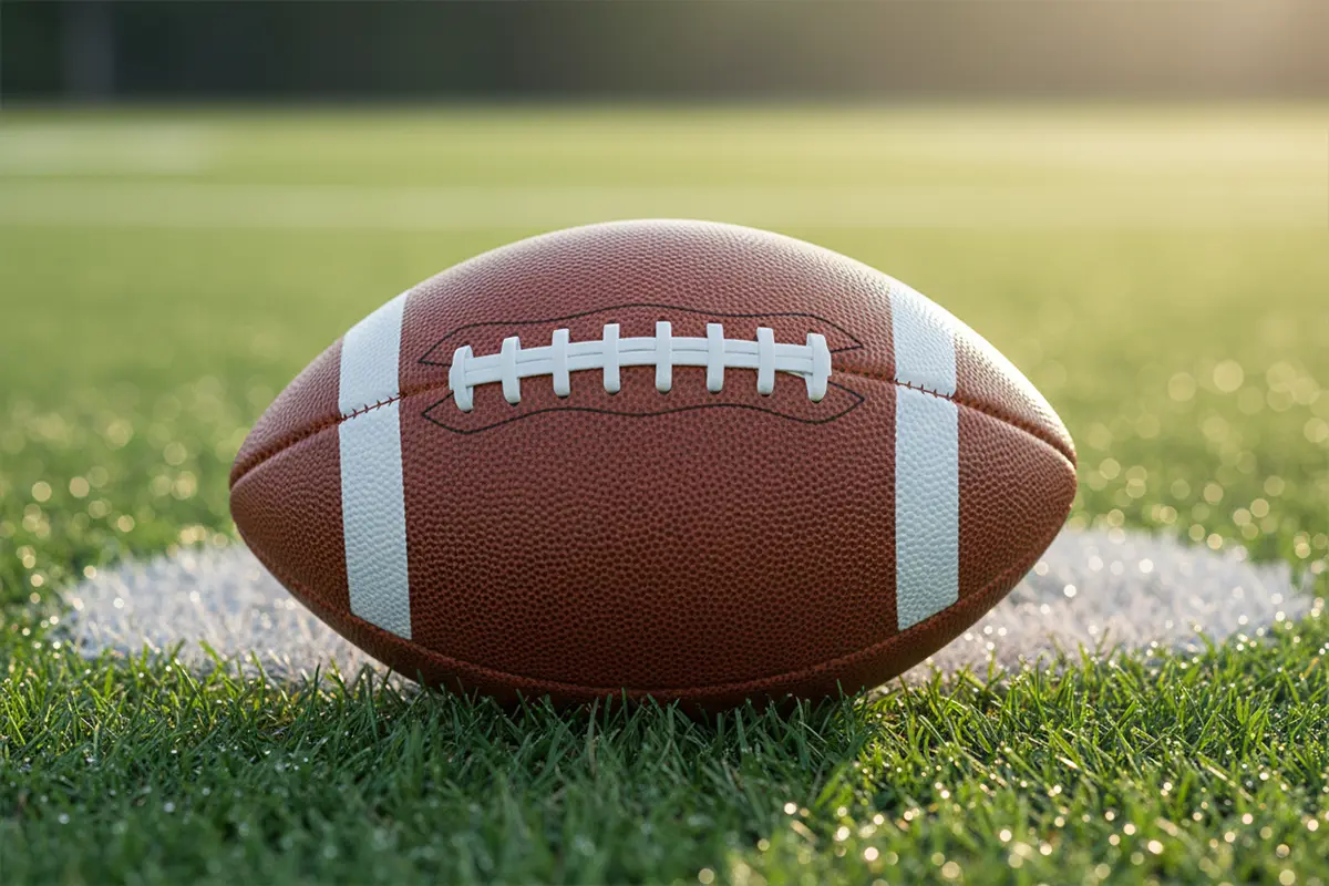 American Football auf dem Rasen eines Spielfelds – Symbolbild für Football-Regeln