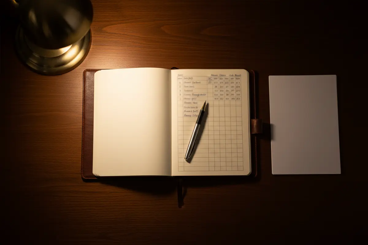 Notizbuch mit Wettprotokoll und Stift auf einem Schreibtisch – Symbolbild für Bankroll Management