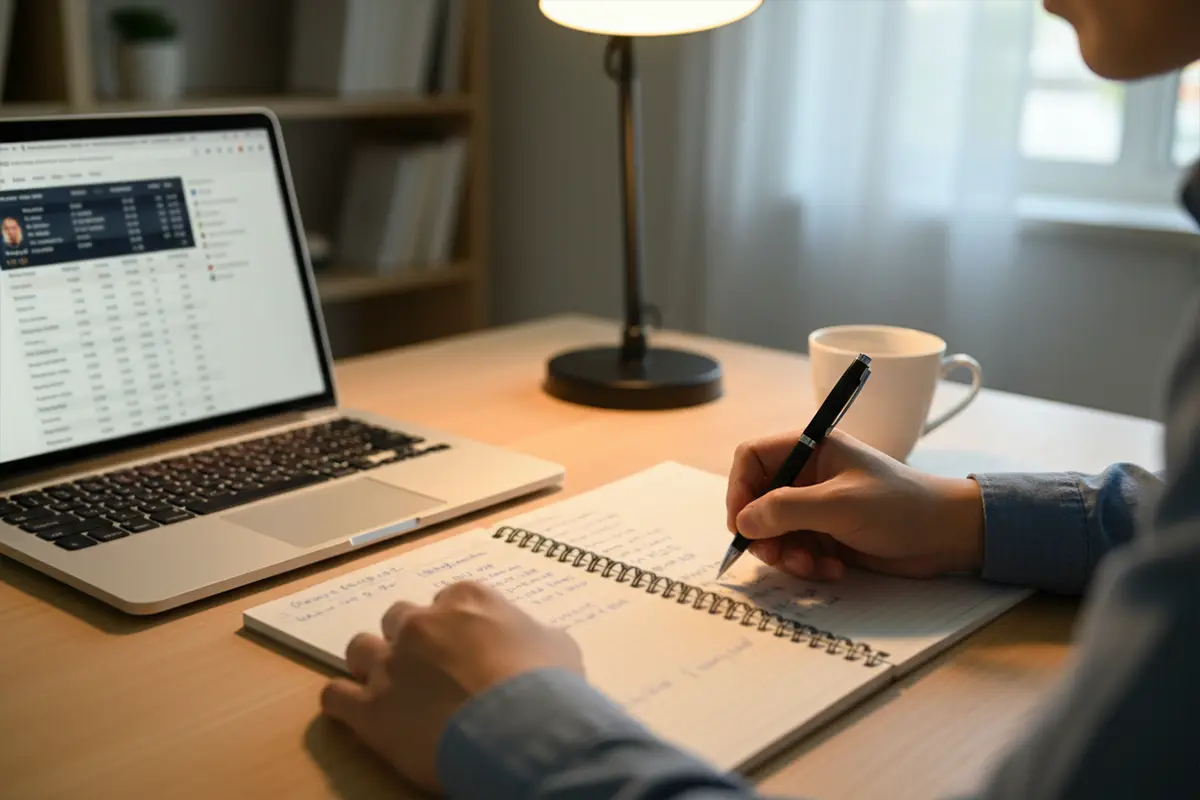 Person analysiert NFL-Statistiken an einem Schreibtisch – Symbolbild für Quotenberechnung