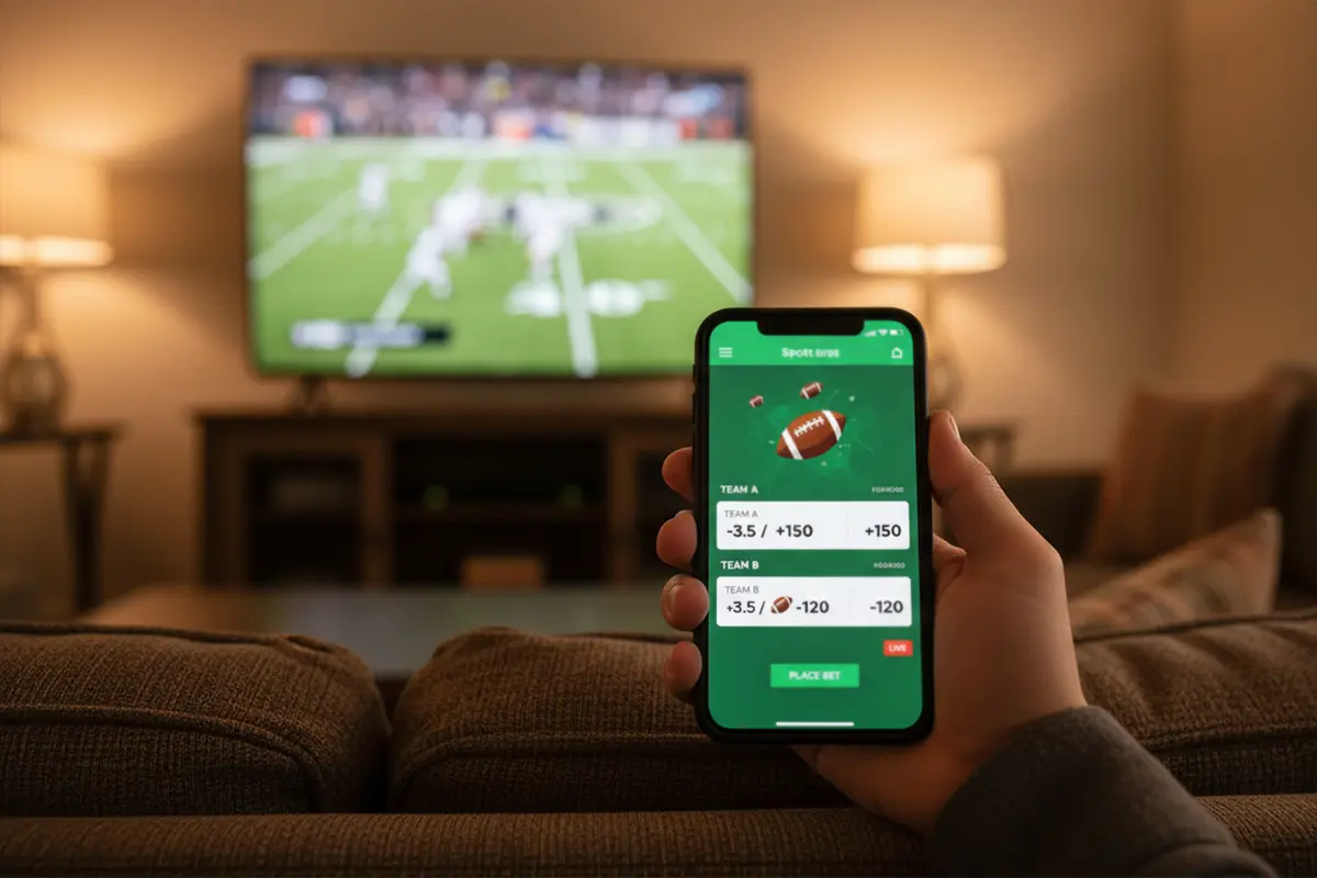 Smartphone mit Sportwetten-App und NFL-Spiel im Hintergrund – Symbolbild für Wettanbieter