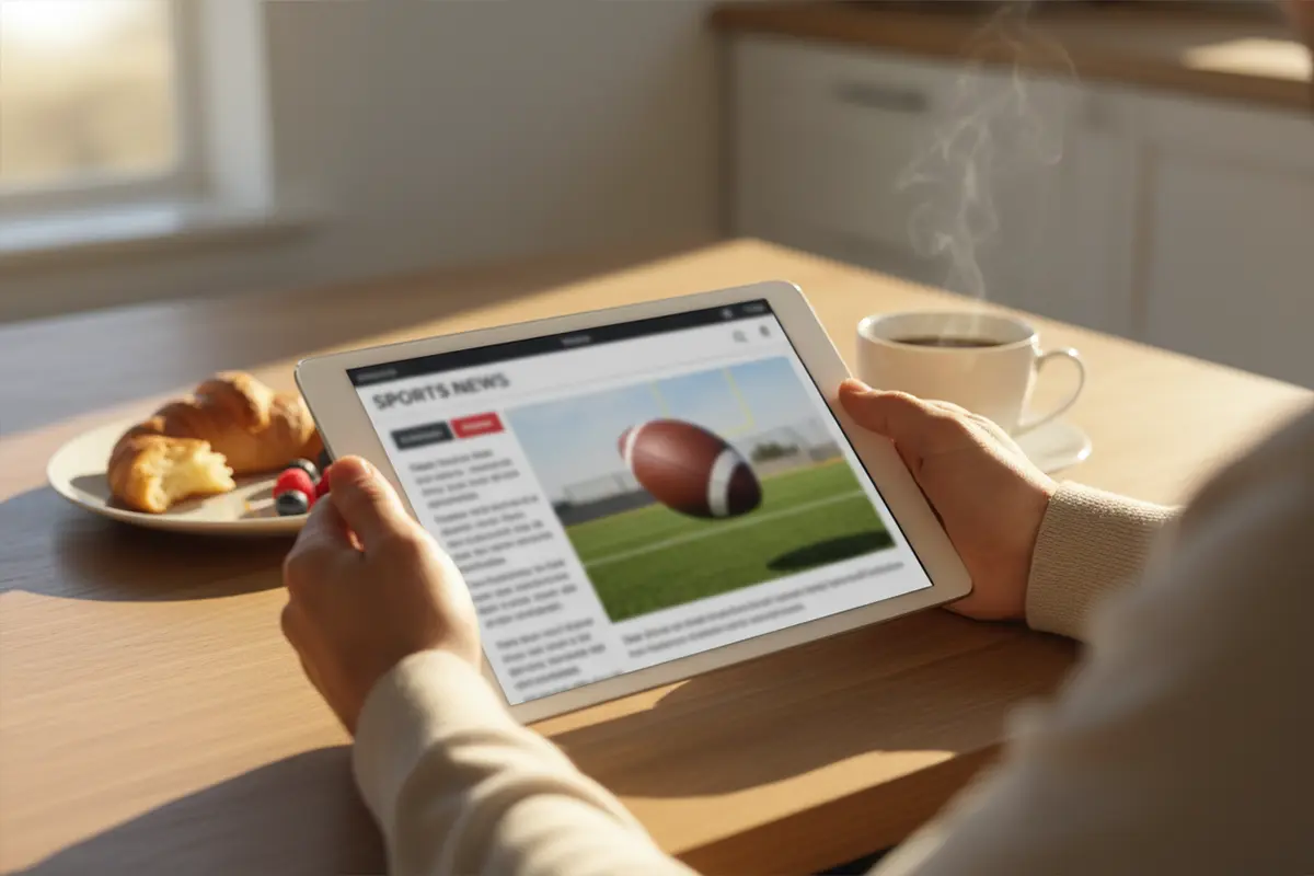 Person liest NFL-Spieltagsvorschau auf einem Tablet – Symbolbild für tagesaktuelle Wett-Tipps