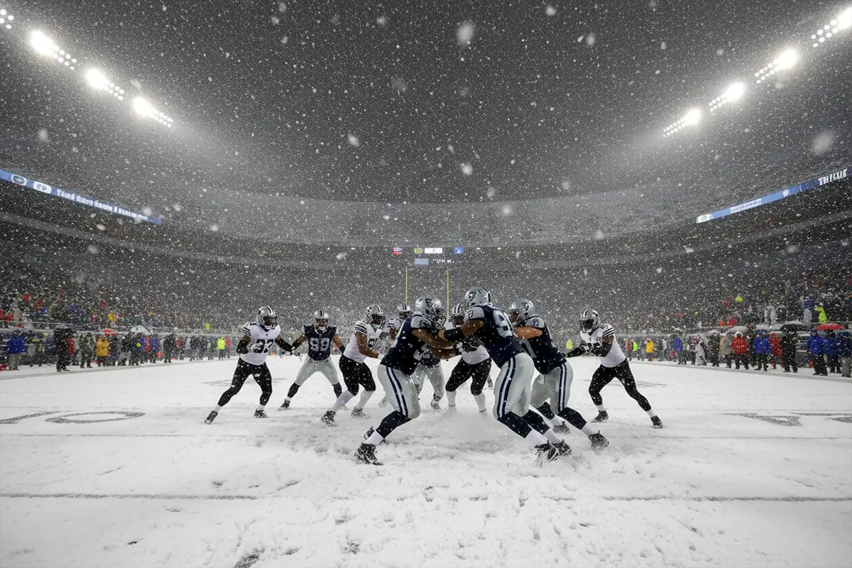 NFL-Spiel bei Schneefall auf einem Outdoor-Spielfeld – Symbolbild für Wettereinfluss