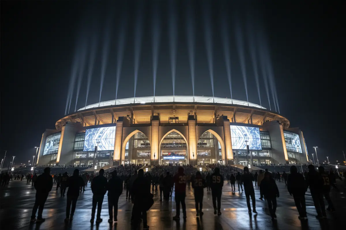 NFL-Stadion bei Nacht vor einem großen Spiel – Symbolbild für Super Bowl Wetten